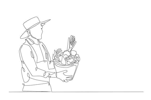 Agricultor con verduras dibujando una línea continua