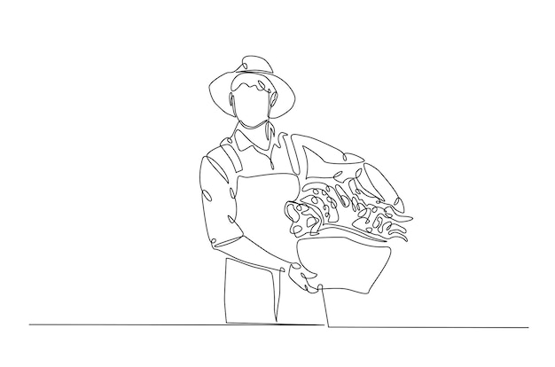 Agricultor con verduras dibujando una línea continua