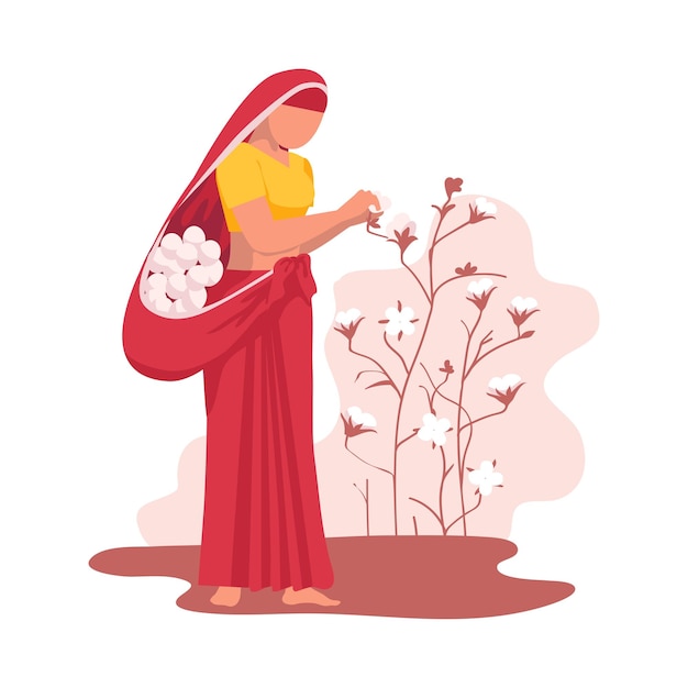 Agricultora asiática vestida con un sari recogiendo una ilustración vectorial de flores de algodón