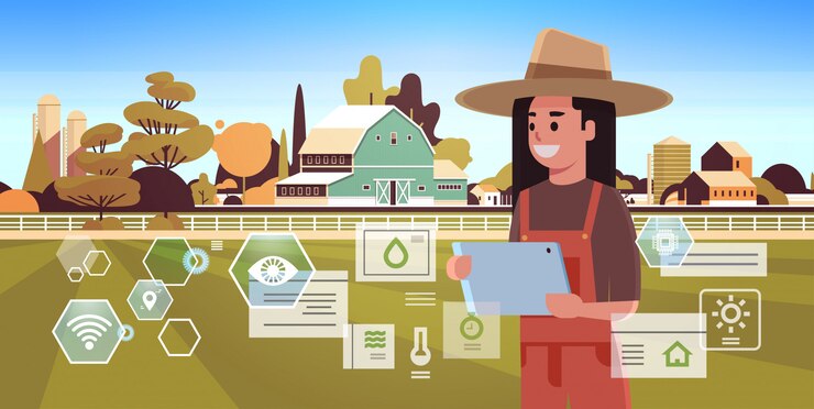 Vector agricultora con tableta que controla la condición que controla los productos agrícolas organización de la cosecha concepto de agricultura inteligente retrato de paisaje de construcción agrícola