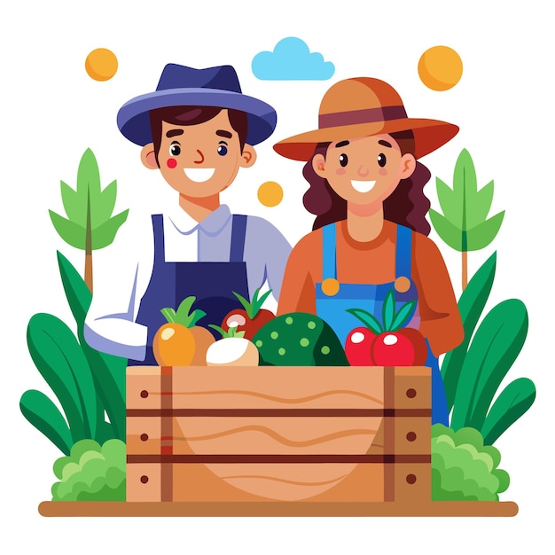 Agricultores con cajas de madera de productos frescos de diseño vectorial