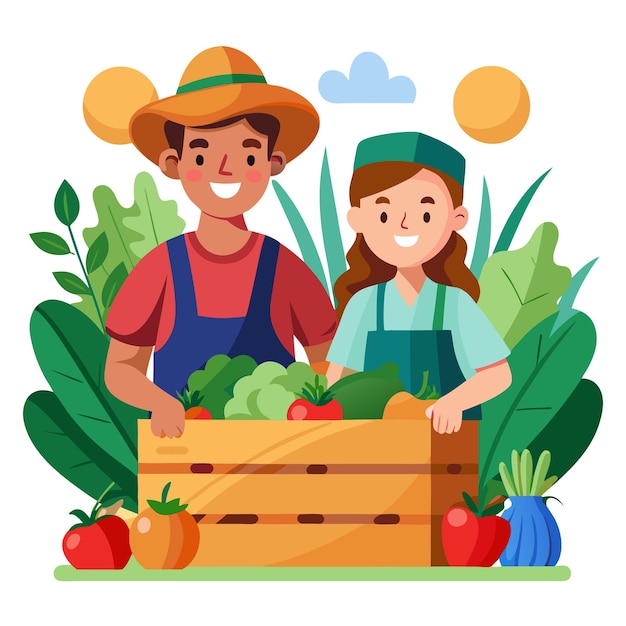 Agricultores con cajas de madera de productos frescos de diseño vectorial