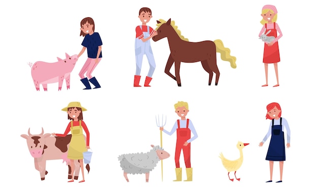 Los agricultores cuidan a los animales Una mujer con un sombrero de paja acaricia a un cerdo o ordeña a una vaca Una chica está de pie con un conejo o con un ganso Un hombre acaricia a un caballo Un hombre está de pie con una horca y un carnero