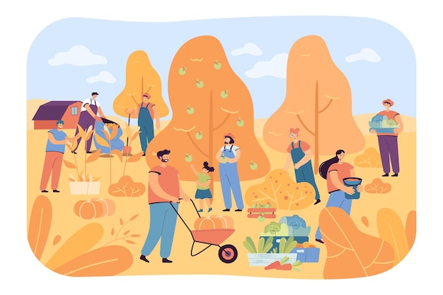 Agricultores de dibujos animados cosechando en el jardín o plantación en otoño. Gente recogiendo frutas de los árboles en la temporada de cosecha ilustración vectorial plana. Agricultura, concepto de jardinería para banner o página web de aterrizaje