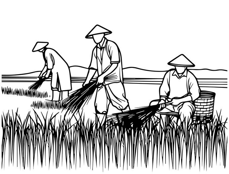 Los agricultores la gente está cosechando en el campo un boceto de línea