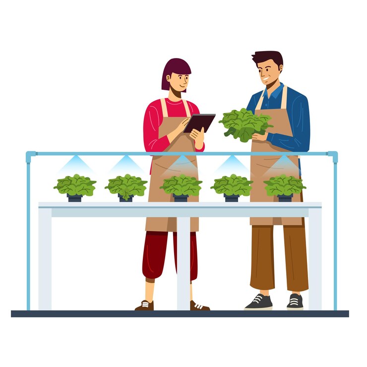 Vector los agricultores de la pareja de tecnología agrícola revisan las verduras en el invernadero