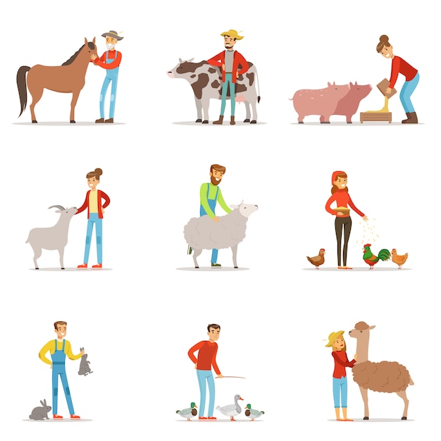 Vector agricultores que crían ganado. profesión agrícola trabajadores, animales de granja. conjunto de ilustraciones detalladas de coloridos dibujos animados