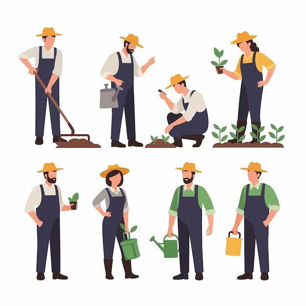 Agricultores que trabajan en el campo con herramientas