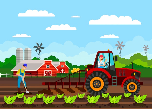 Los agricultores que trabajan personajes de dibujos animados vector plano |  Vector Premium