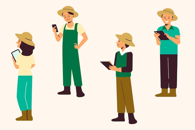 Agricultores que usan tecnología vector agricultura digital.
