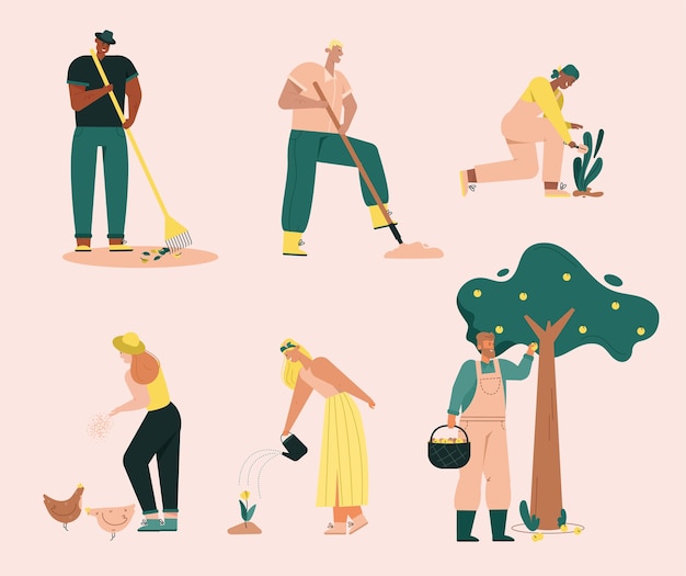 Agricultores realizando trabajos agrícolas. El hombre rastrilla las hojas, cava la tierra, cosecha las manzanas del árbol. Mujer alimenta pollos, plantas de jardinería, regando flores