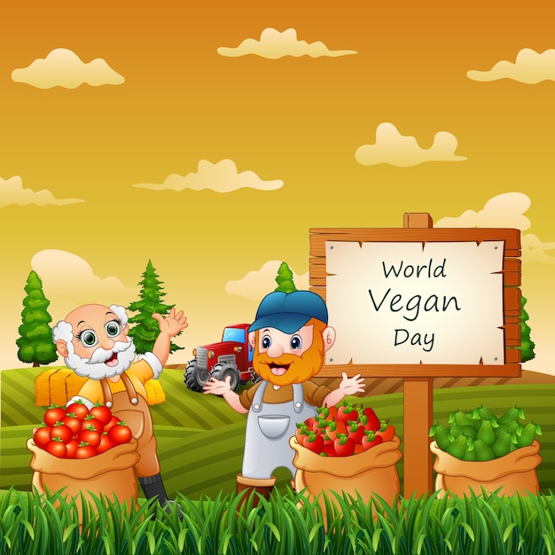 Los agricultores y las verduras en saco en el día mundial del vegano