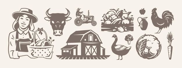 Agricultura agrícola y ganadera producción de alimentos ecológicos conjunto de iconos retro ilustración plana vectorial