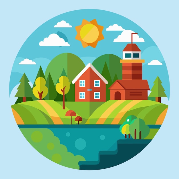 Agricultura agrícola paisaje rural casa de pueblo Ilustración horizontal vectorial estilo plano 12