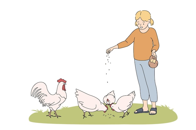 Agricultura, agricultura, concepto de alimentación de animales. personaje de dibujos animados de niña sonriente de pie y alimentando gallinas de pollo con semillas de la mano en la ilustración de vector de hierba