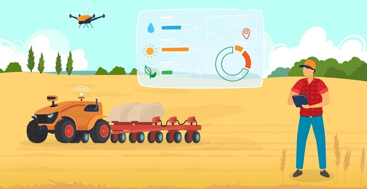 Vector agricultura agricultura vector ilustración dibujos animados hombre plano granjero personaje usando robot drone control de cosecha en campo de granja orgánica de trigo