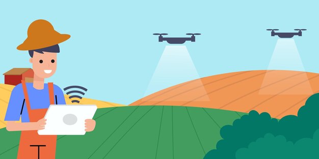 Agricultura con drones gestión de la granja desde el concepto de vector de tableta