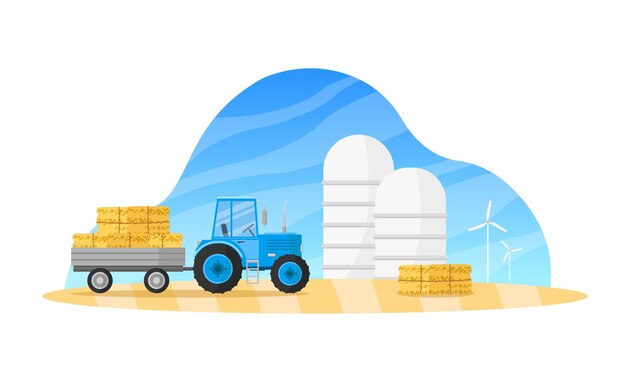 Agricultura y granja Ilustración vectorial con tractor y balas de heno