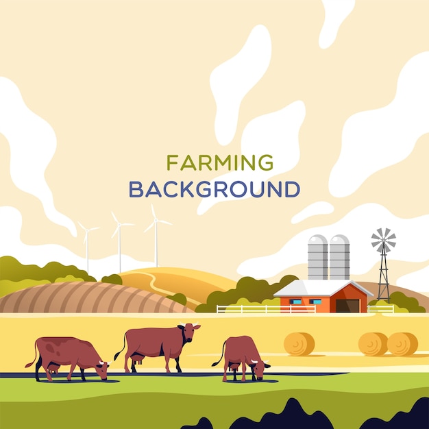 Vector agricultura, industria, agricultura y ganadería, concepto, verano, paisaje rural, con, vacas, campos, y, granja
