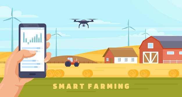 Vector agricultura inteligente agricultura tecnología dibujos animados granjero manos sosteniendo el teléfono para controlar drones