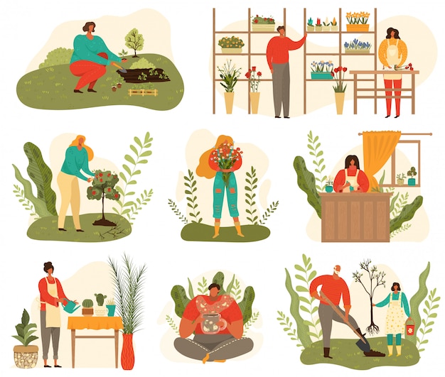 La agricultura y la jardinería cosecha conjunto de personas en el trabajo en la granja y el jardín, flores de dibujos animados de plantas aisladas en blanco ilustración.