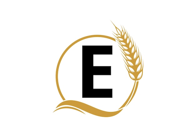 Agricultura Logotipo de trigo en la letra E Diseño del logotipo de agricultura Plantilla de alimentos Símbolo de nutrición saludable