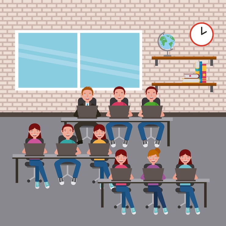 Vector agrupar a los estudiantes en el aula utilizando computadoras portátiles en escritorios de aprendizaje