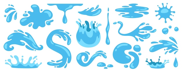 Vector agua azul de dibujos animados gotas que caen lágrimas y salpicaduras charcos líquidos flotantes plop aqua splat diferentes formas de agua aisladas en fondo blanco colección de vectores