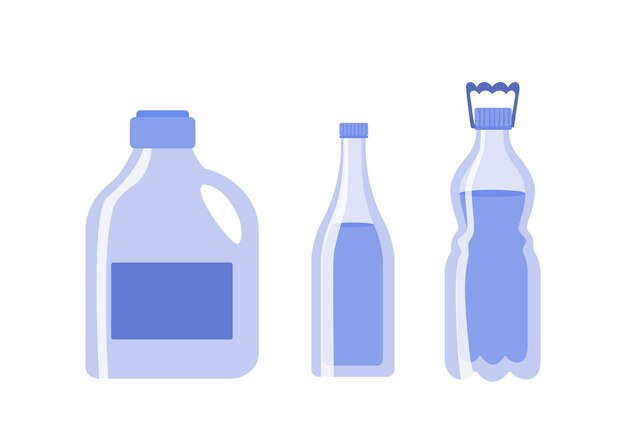 Agua de botellas set Paquetes de plástico para líquido fresco y puro Aqua y H2O Estilo de vida saludable Afiche o pancarta para sitio web Colección de vectores planos de dibujos animados aislados en fondo blanco