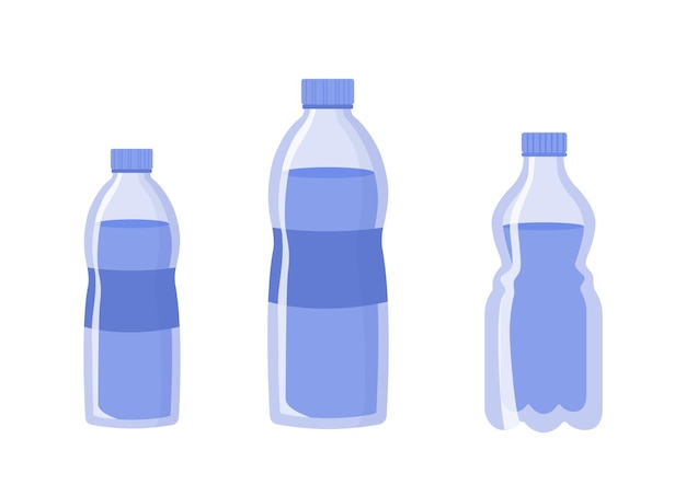 Agua de botellas set Paquetes de plástico para líquido fresco y puro Aqua y H2O Lucha contra la sed Diseño de plantilla y maqueta Colección de vectores planos de dibujos animados aislados en fondo blanco