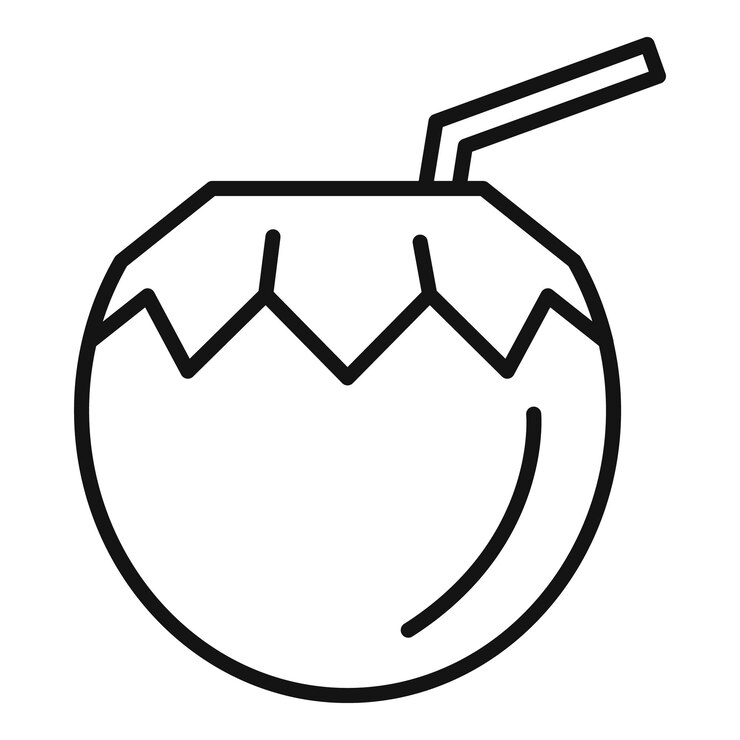Vector agua de coco fresca servida en un coco con paja para beber