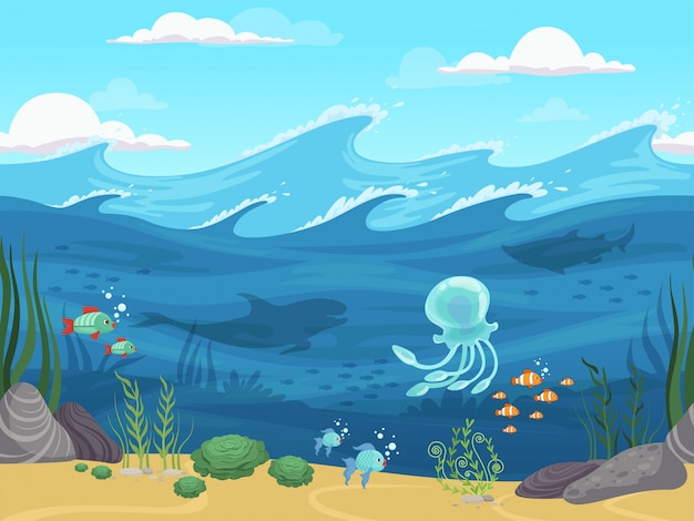 Bajo el agua sin costuras. juego de paisaje de agua con peces y algas plantas de agua horizonte de fondo