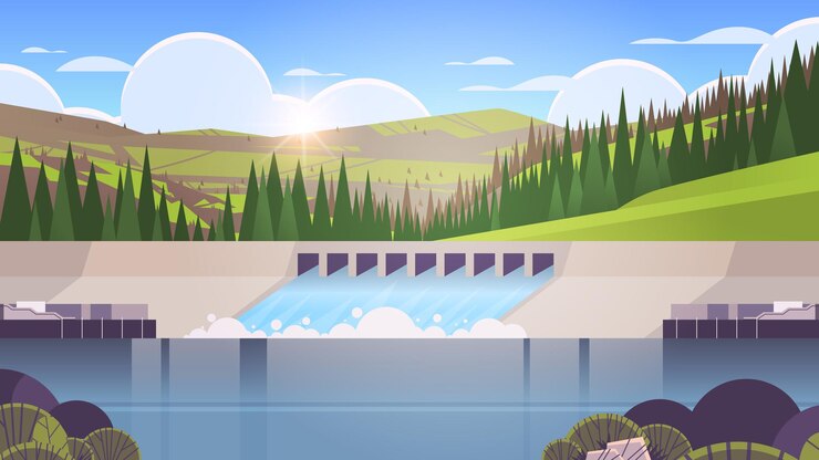 Vector el agua de la estación de producción de energía hidroeléctrica se derrama sobre la parte superior de la presa energía hidroeléctrica fuentes de energía renovables industriales concepto paisaje fondo horizontal vector ilustración