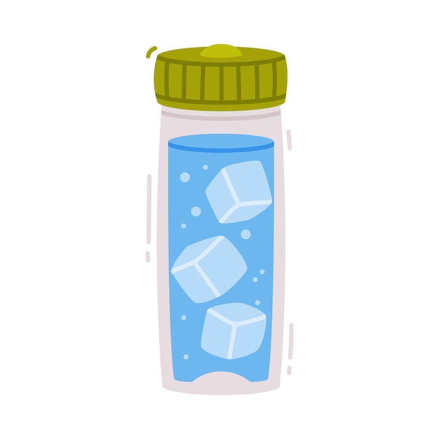 Agua en frasco reutilizable con cubos de hielo y H2O líquido puro vertido dentro Ilustración vectorial