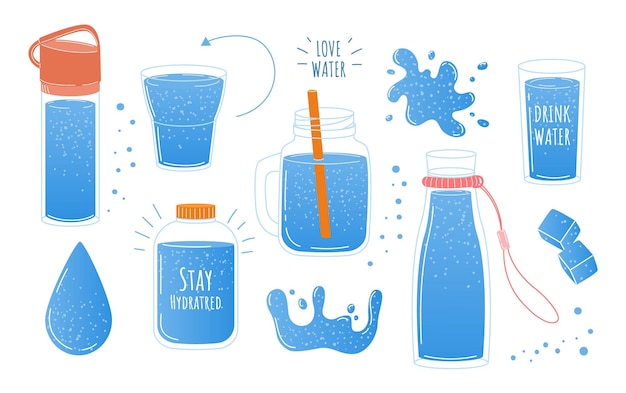 Vector agua de garabato vaso de dibujos animados y botella para líquido gotas azules o salpicaduras colección de contenedores de bebida de fitness aislados conjunto de contenedores reciclados limpios vectoriales para bebidas con letras