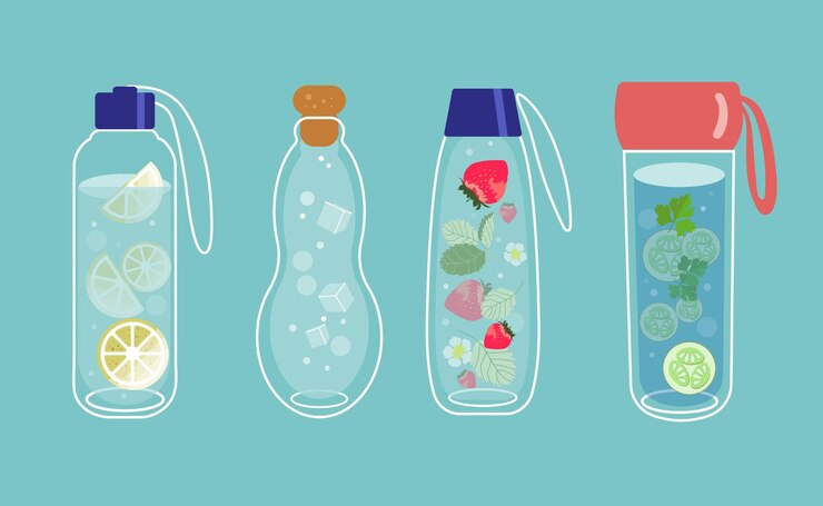Vector agua infundida en botellas de vidrio. frutas y verduras en un agua. bebida detox y refrescante