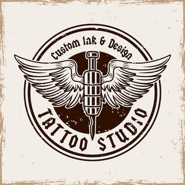Agua de máquina de tatuaje vintage con alas Ilustración vectorial Emblema de estilo clásico para estudios de tatuajes Artistas y amantes de la tinta Diseño retroinspirado con elementos de grabado detallados