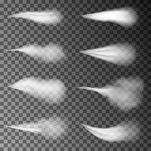 Agua pulverizada humo blanco o polvo de niebla y puntos, niebla de atomizador. Efecto con boquillas de pulverización o flujo, diseño cosmético. Elementos 3d