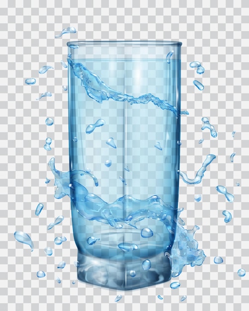 El agua salpica en colores celestes alrededor de un vaso transparente con agua celeste. Transparencia solo en archivo vectorial