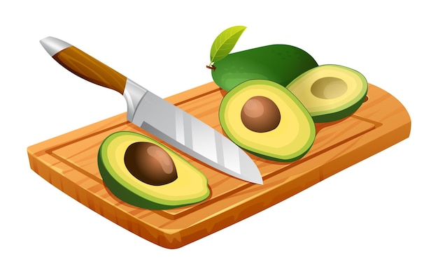Aguacate cortado por la mitad con un cuchillo en la tabla de corte Ilustración vectorial aislada sobre fondo blanco