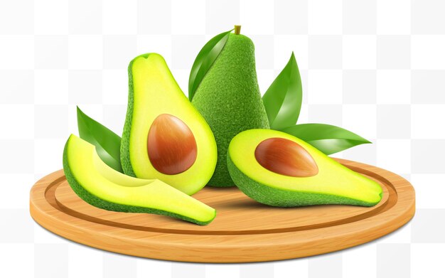 Aguacate crudo sabroso y maduro en una bandeja de madera Aguacate entero y pedazos de aguacate verde en el corte