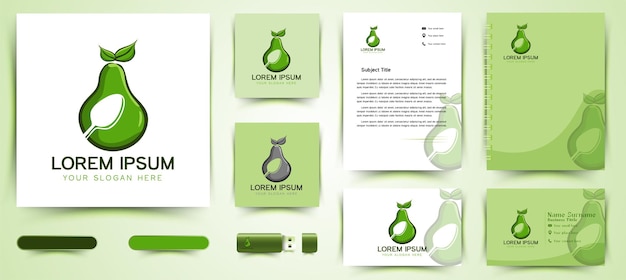 Aguacate y cuchara, comida saludable logotipo y plantilla de marca de tarjeta de visita diseños inspiración aislada en fondo blanco