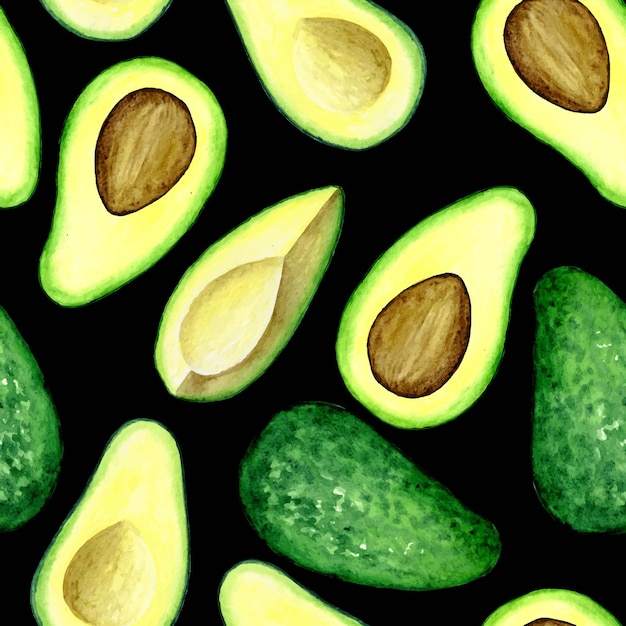 Aguacate dibujado a mano acuarela de patrones sin fisuras