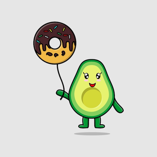 Vector aguacate de dibujos animados lindo flotando con ilustración de vector de dibujos animados de globo de donuts