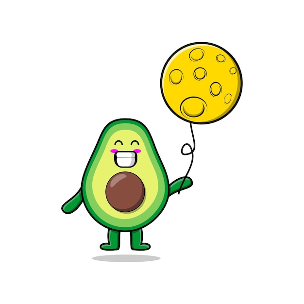 Aguacate de dibujos animados lindo flotando con ilustración de vector de dibujos animados de globo de luna