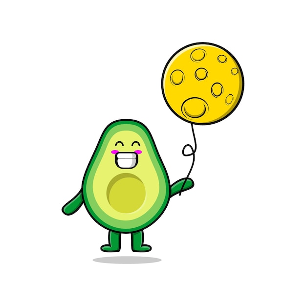Aguacate de dibujos animados lindo flotando con ilustración de vector de dibujos animados de globo de luna