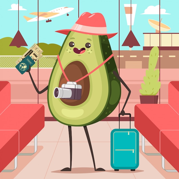 Aguacate divertido en la terminal del aeropuerto con equipaje, cámara, pasaporte y boleto de embarque. personaje de dibujos animados turístico del vector de la fruta linda.