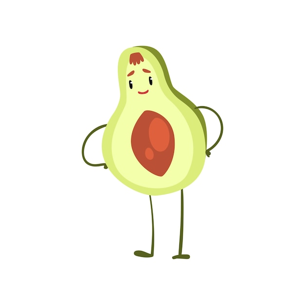 Un aguacate gracioso de pie con las manos en la cintura, un vector de personajes de dibujos animados de frutas emocionales, una ilustración aislada sobre un fondo blanco.