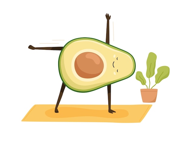 Aguacate lindo y divertido haciendo ejercicios deportivos o practicando yoga en la alfombra. feliz fruta gorda cómica trabajando. ilustración de vector de dibujos animados planos coloreados de carácter infantil aislado sobre fondo blanco.