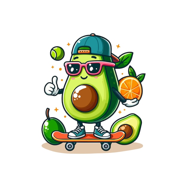 Un aguacate lindo jugando al patineta, una ilustración de icono vectorial de dibujos animados, una comida, un deporte, un piso aislado.